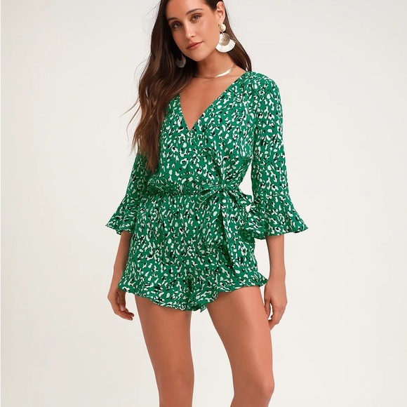 Lulus Pants - Lulus Make Moves Green and Black Print Flounce Sleeve Romper